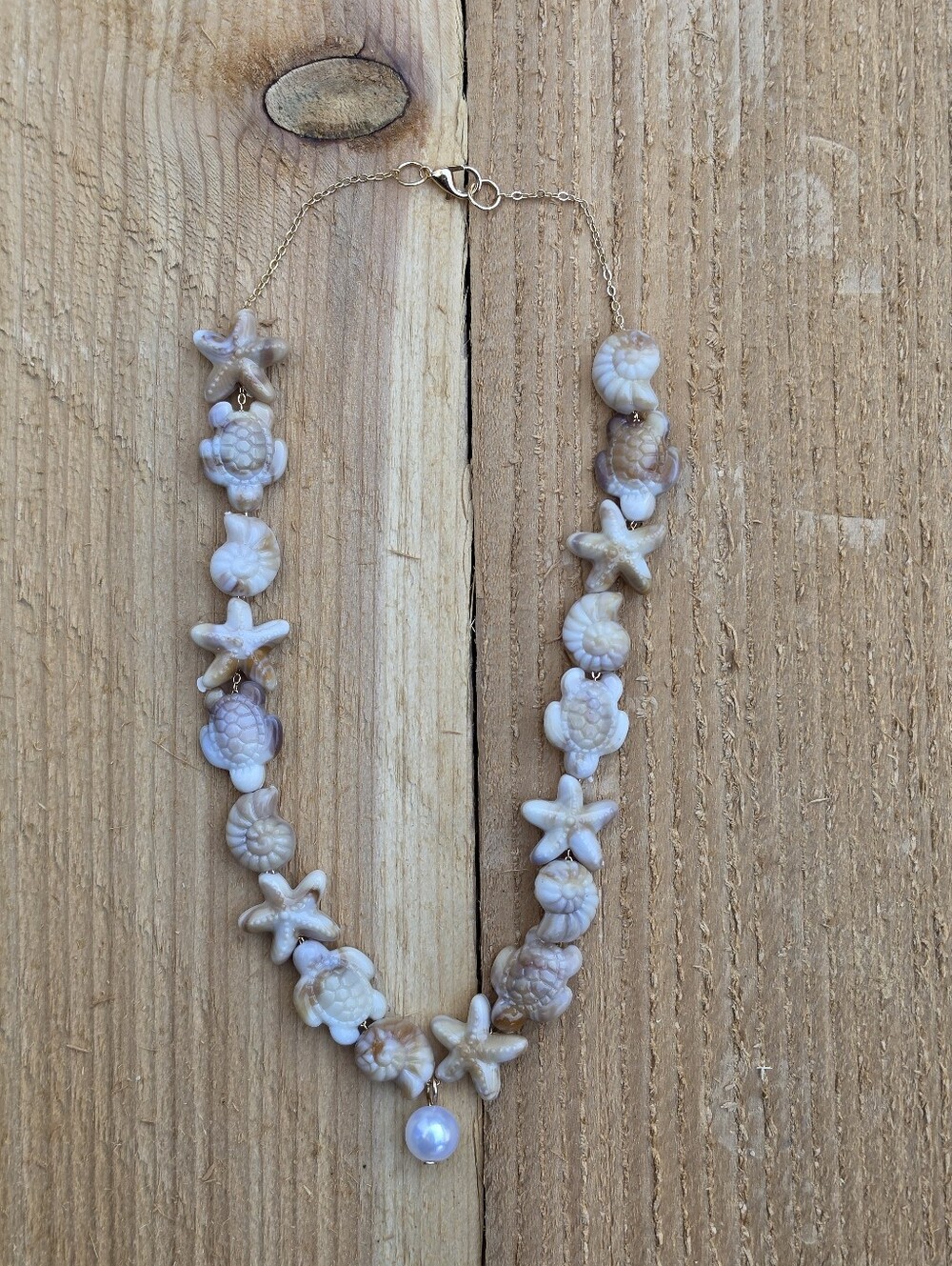Coastal Shell Sea Turtle Starfish Choker Necklace Faux Pearl